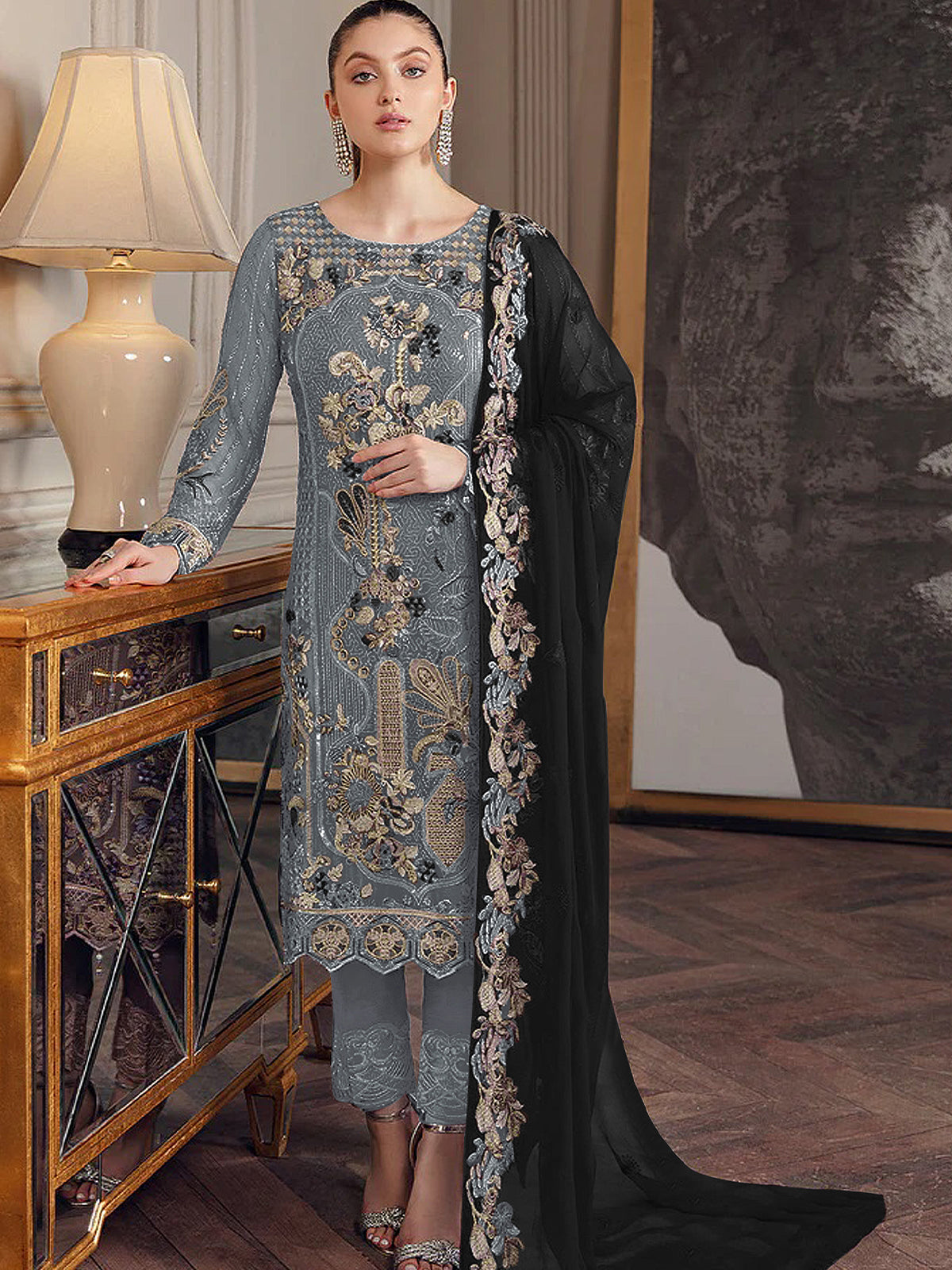 Peacock blue heavy embroidery ceremonial look georgette semi stitched suits  - Aarshi Fashions - 4251300